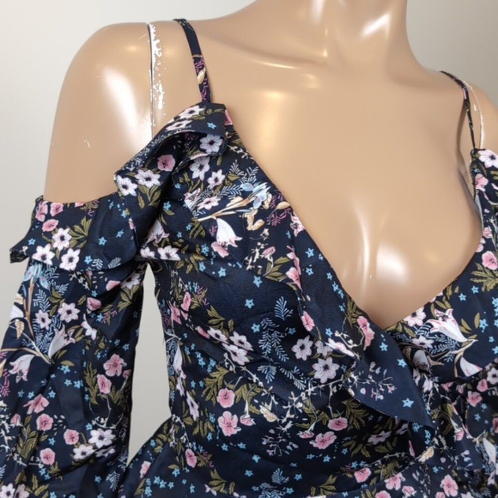 NEW Design Lab Floral Cold Shoulder Wrap Top Long Sleeve Ruffle Lord & Taylor - Picture 2 of 14